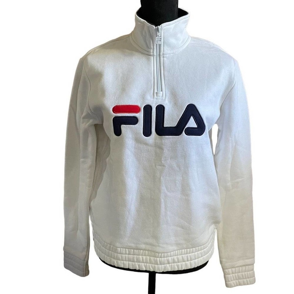 NWOT Fila Pullover SMALL Womens White Logo Spellout 1/4 Zip Sweatshirt Casual